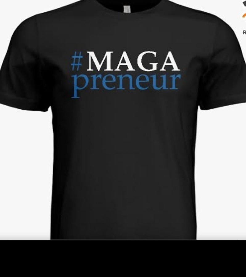 Black MAGAPRENEUR graphic T-shirt featuring white MAGA and blue preneur lettering