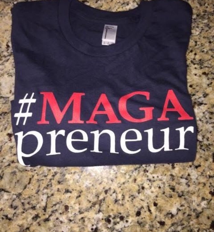 Navy MAGAPRENEUR graphic T-shirt with red MAGA and white preneur lettering